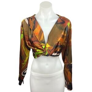 PrettyLittleThing Multicolor Swirl Print Twisted Long Sleeve V-neck Crop Top 8